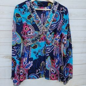 ECI silk blouse S bead trim gypsy boho perfect!